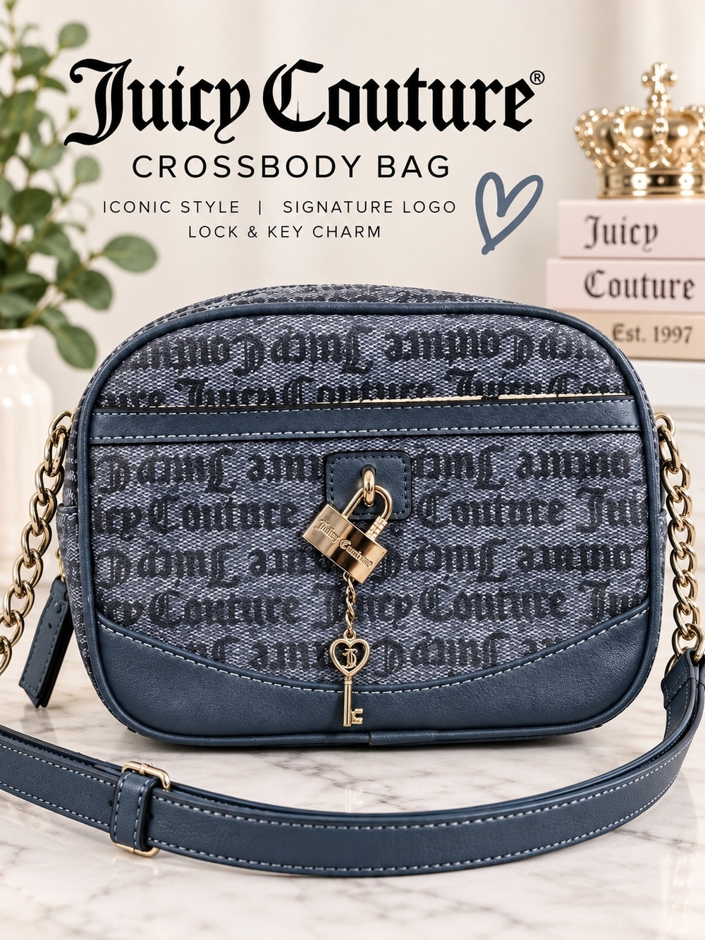 Juicy Couture Blue Gray Gothic Logo Crossbody Bag Lock Key Charm